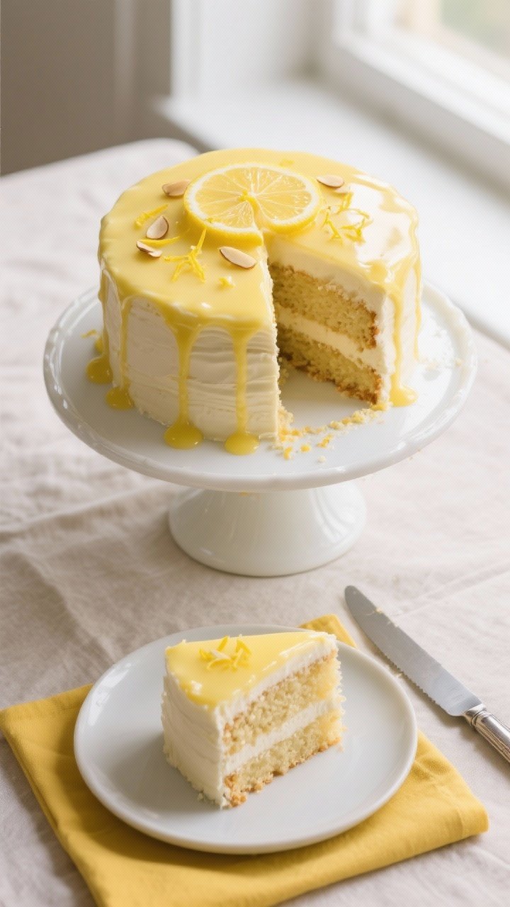 Overhead final presentation: Fully assembled Keto Lemon Cream Cake on a white cake stand, top drizzl