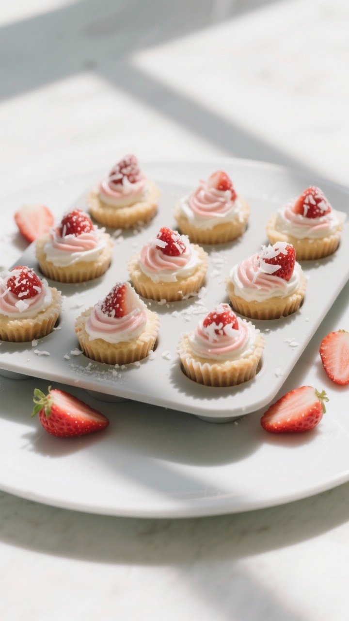 Overhead final presentation of a set of chilled Keto Strawberry Coconut Cream Cups de-molded from a 