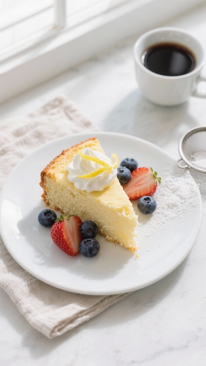 Overhead final presentation of a single slice of Keto Lemon Ricotta Cake on a white ceramic dessert