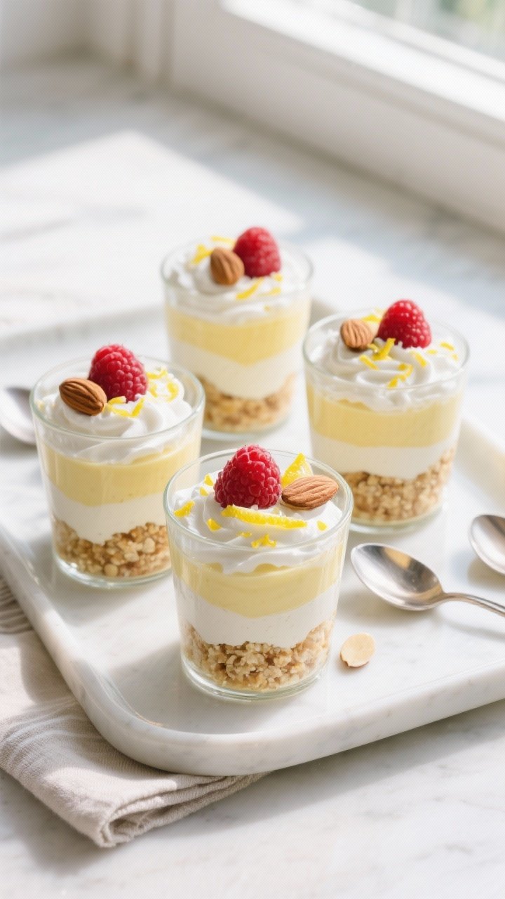 Overhead final presentation of Keto Lemon Parfaits: four small glass parfaits on a matte white tray,