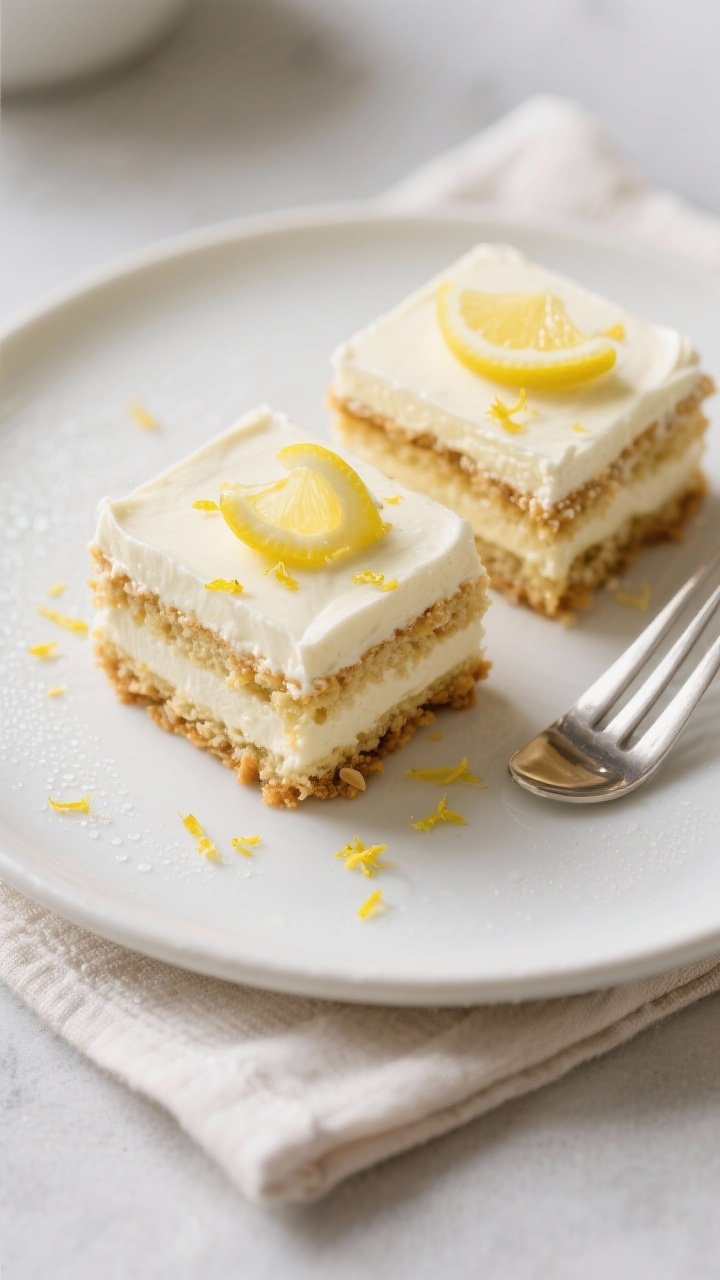 Overhead final presentation of keto lemon tiramisu after chilling: two neat square slices plated on