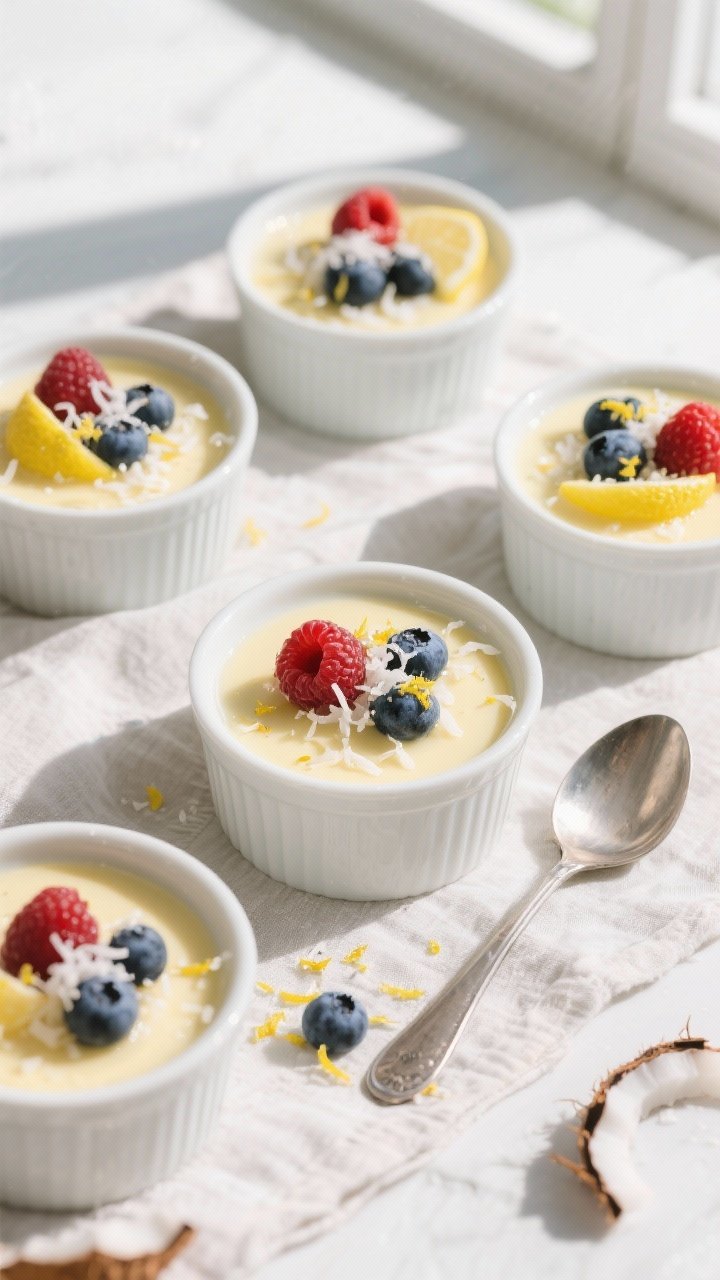 Overhead final presentation of set keto lemon coconut pudding portioned in small white ramekins, top