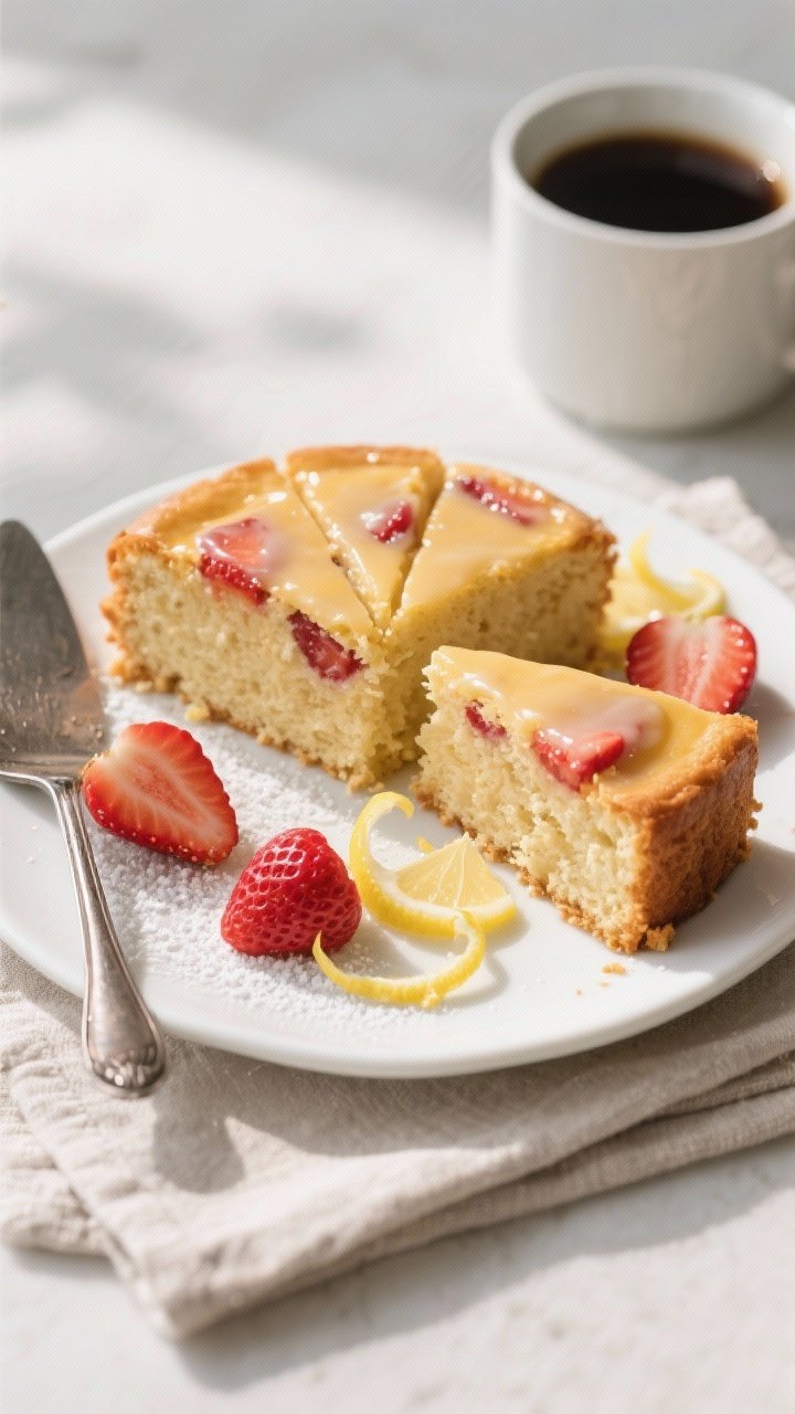 Overhead final presentation of the cake sliced into neat wedges on a white ceramic plate, one slice 