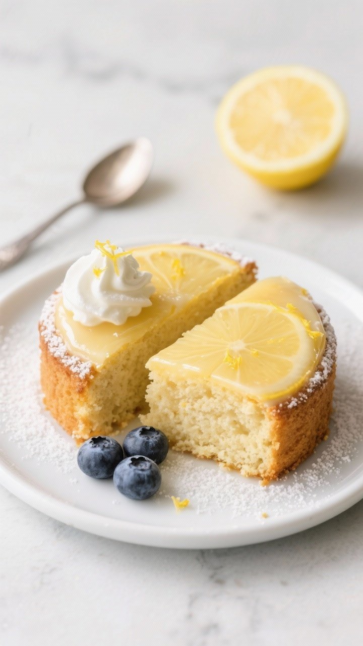 Overhead final presentation of the keto lemon mug cake turned out onto a small white plate, sliced i