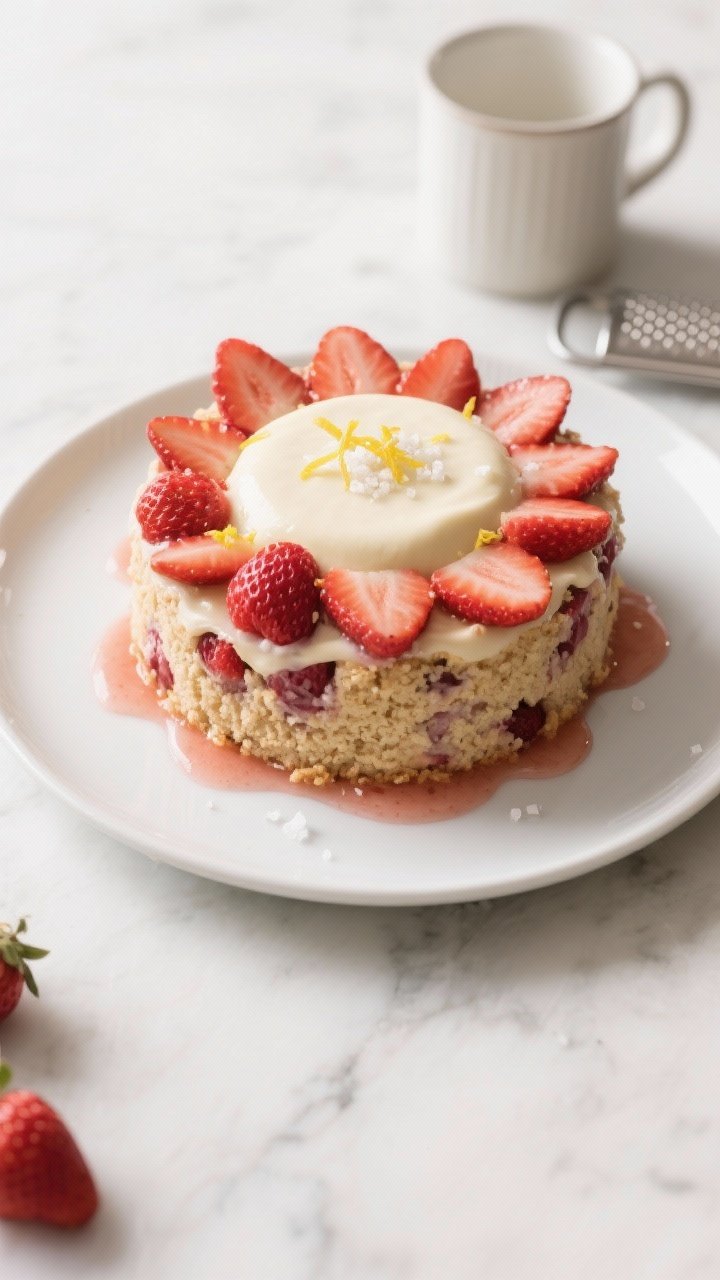 Overhead final presentation of the keto strawberry mug cake unmolded onto a small white plate, neatl