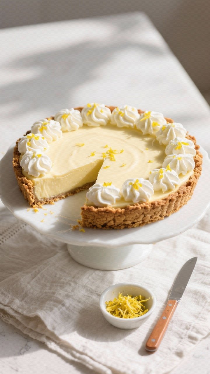 Overhead final presentation shot of the whole Keto Lemon Cream Pie set and chilled, topped with pipe