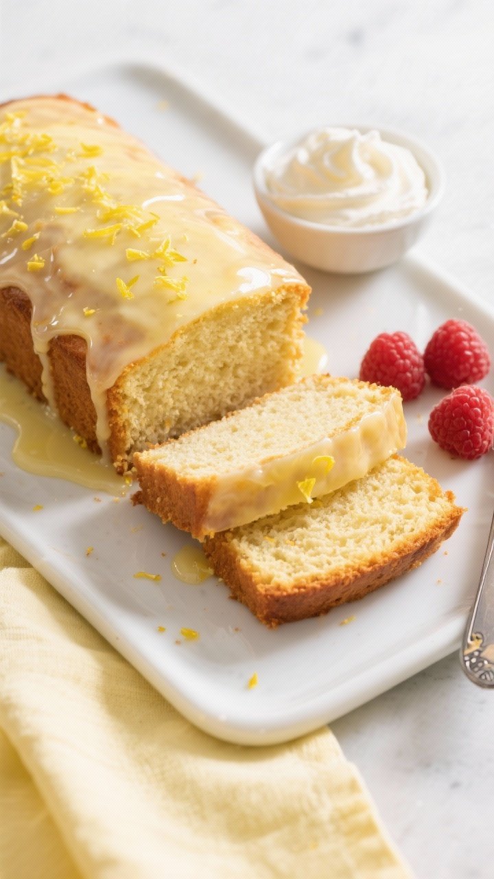 Overhead final presentation: sliced keto lemon pound cake on a matte white rectangular platter, glos