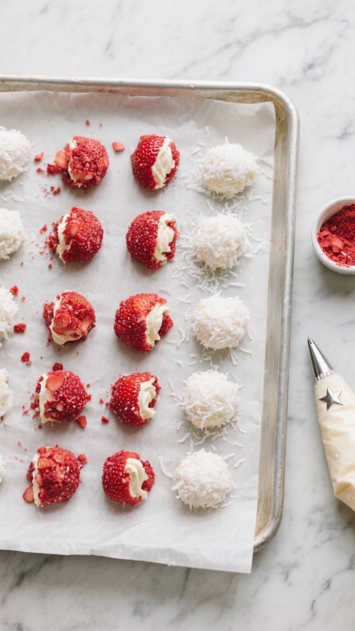 Overhead final presentation: Tasty of a parchment-lined tray with neatly portioned 1–2 tablespoon 