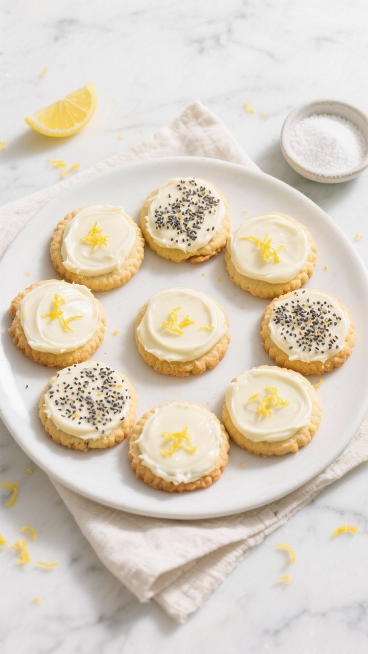 Overhead final presentation: Tasty of a white ceramic plate arranged with 7–8 keto lemon frosted c