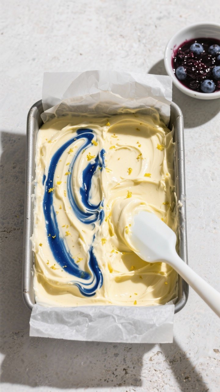 Overhead process shot: No-churn keto lemon ice cream being set up in a parchment-lined metal loaf pa