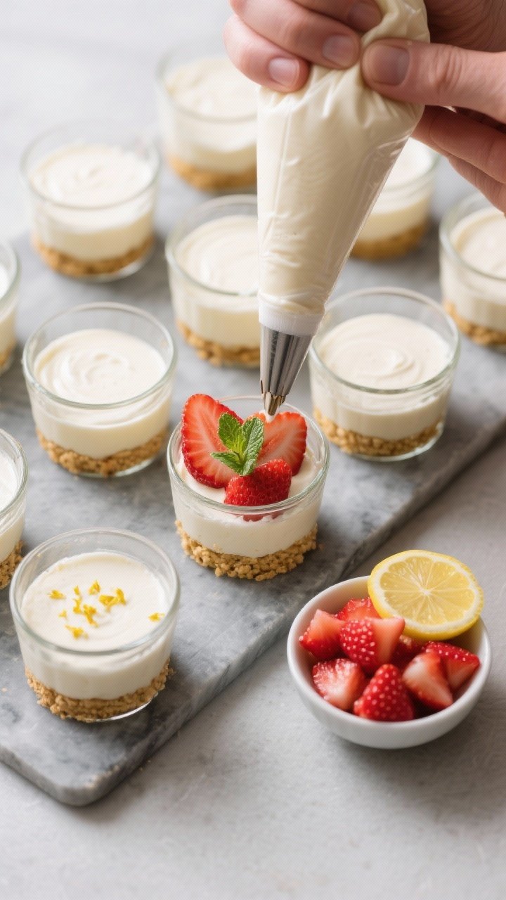 Overhead process shot of assembly: multiple small glass cups on a cool gray slab, each with the chil
