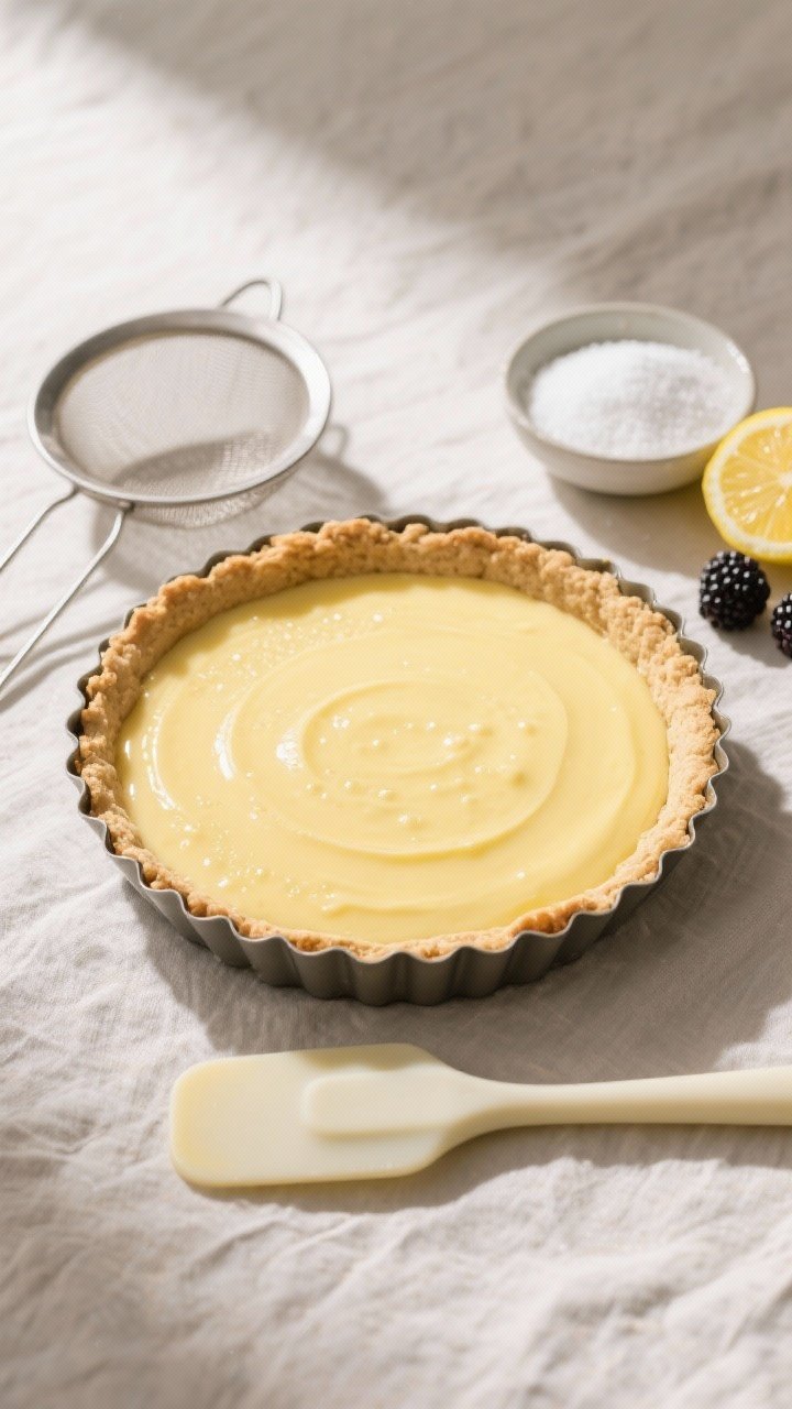 Overhead process shot of the par-baked almond flour crust filled with warm lemon custard just smooth