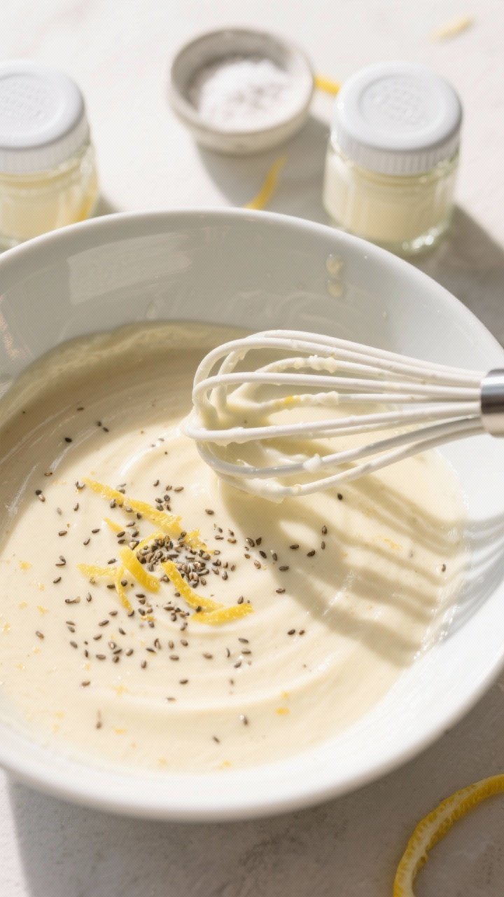 Overhead process shot of the pudding just after the “second whisk,” the mixture visibly thickeni