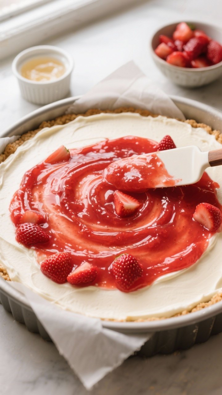 Overhead process shot of the strawberry topping being spread over the smooth cream layer in the pan,