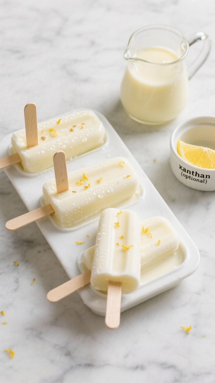 Overhead process shot: Popsicle molds on a light marble surface filled with the strained lemon-almon