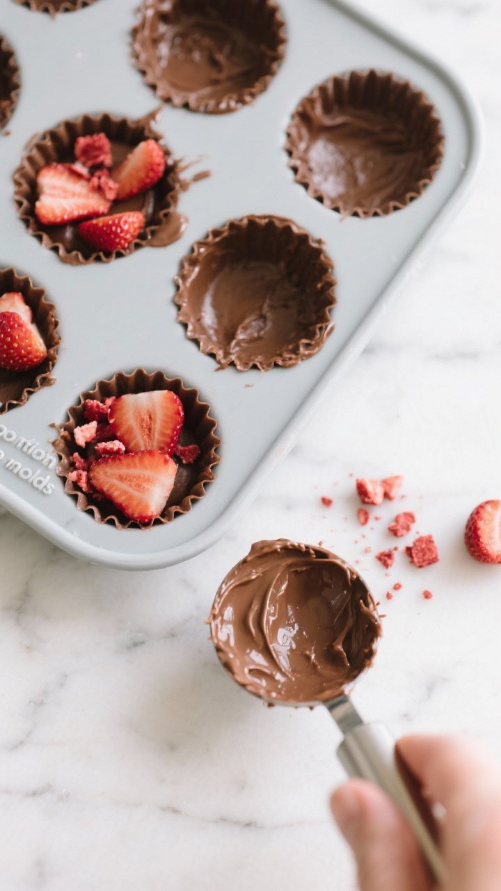 Overhead process shot: Silicone mini-muffin mold neatly filled with portioned keto strawberry chocol
