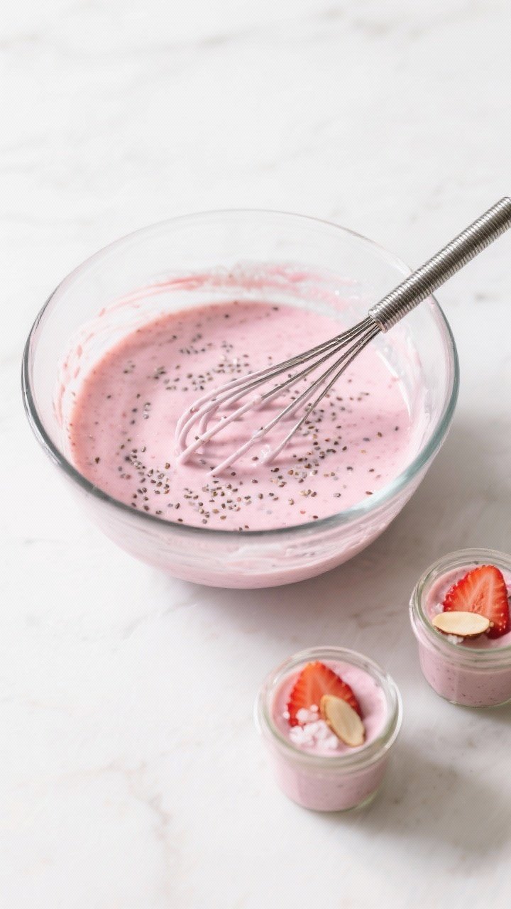 Overhead process shot: The blended strawberry-milk base in a clear mixing bowl after resting, with c