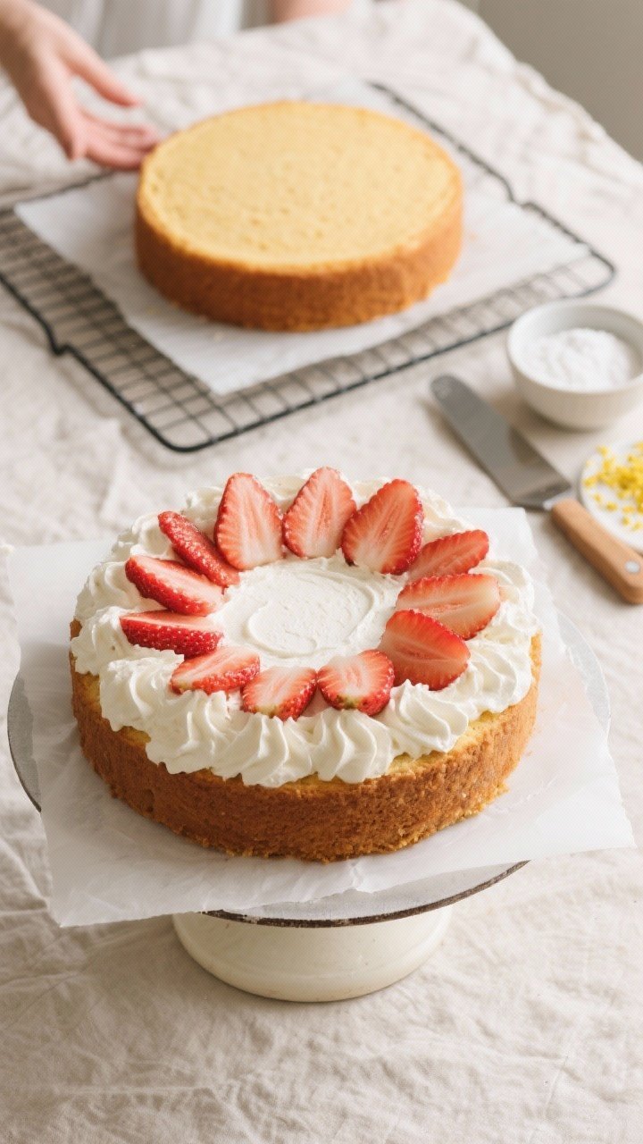 Overhead process shot: Two fully cooled 8-inch cake layers on a parchment-lined cooling rack, assemb