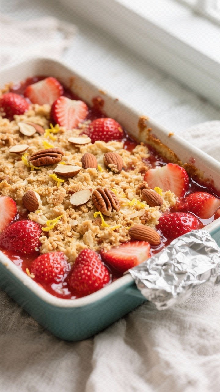 Overhead shot of a freshly baked Low-Carb Keto Strawberry Dump Cake in an 8x8 ceramic baking dish, s