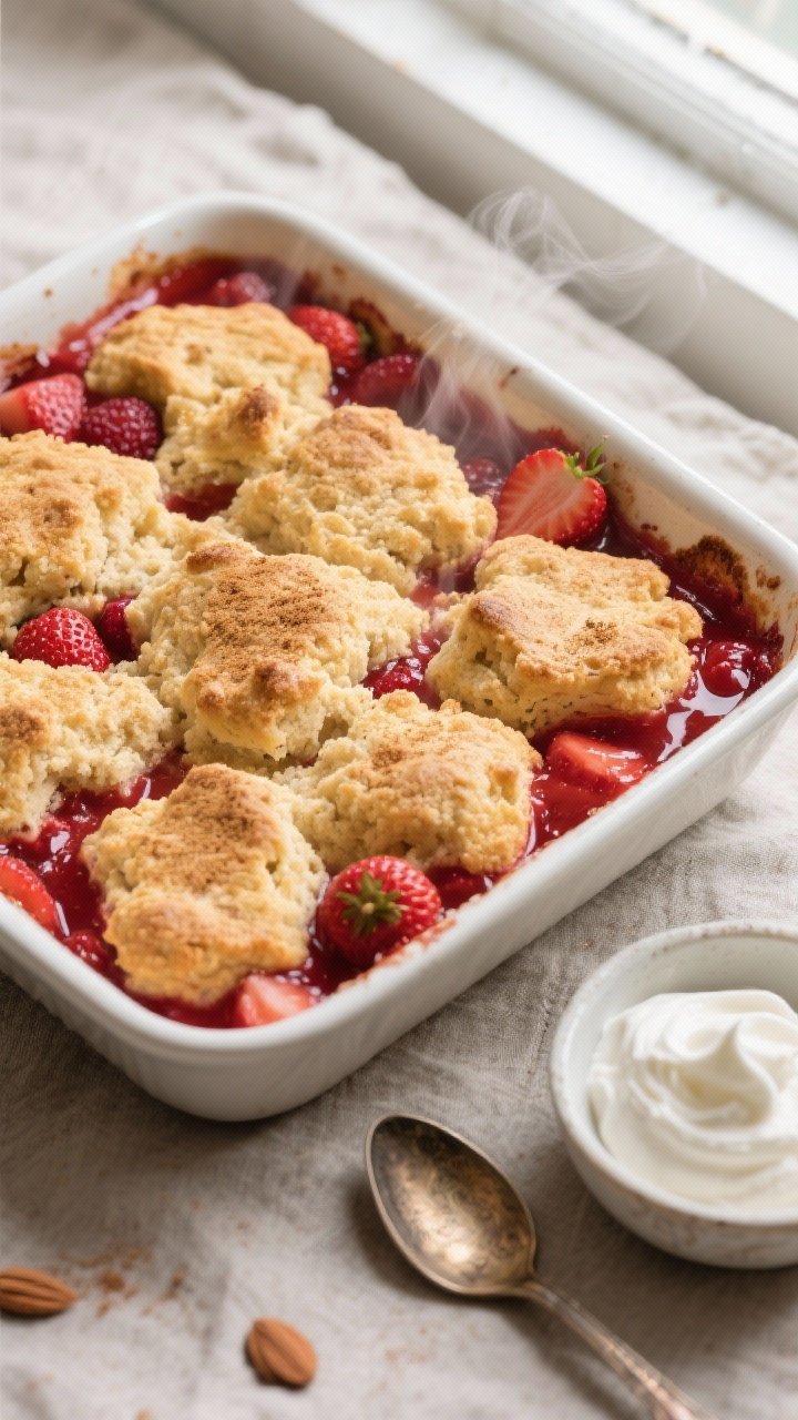 Overhead shot of a freshly baked low-carb keto strawberry cobbler in an 8x8 ceramic baking dish, gol