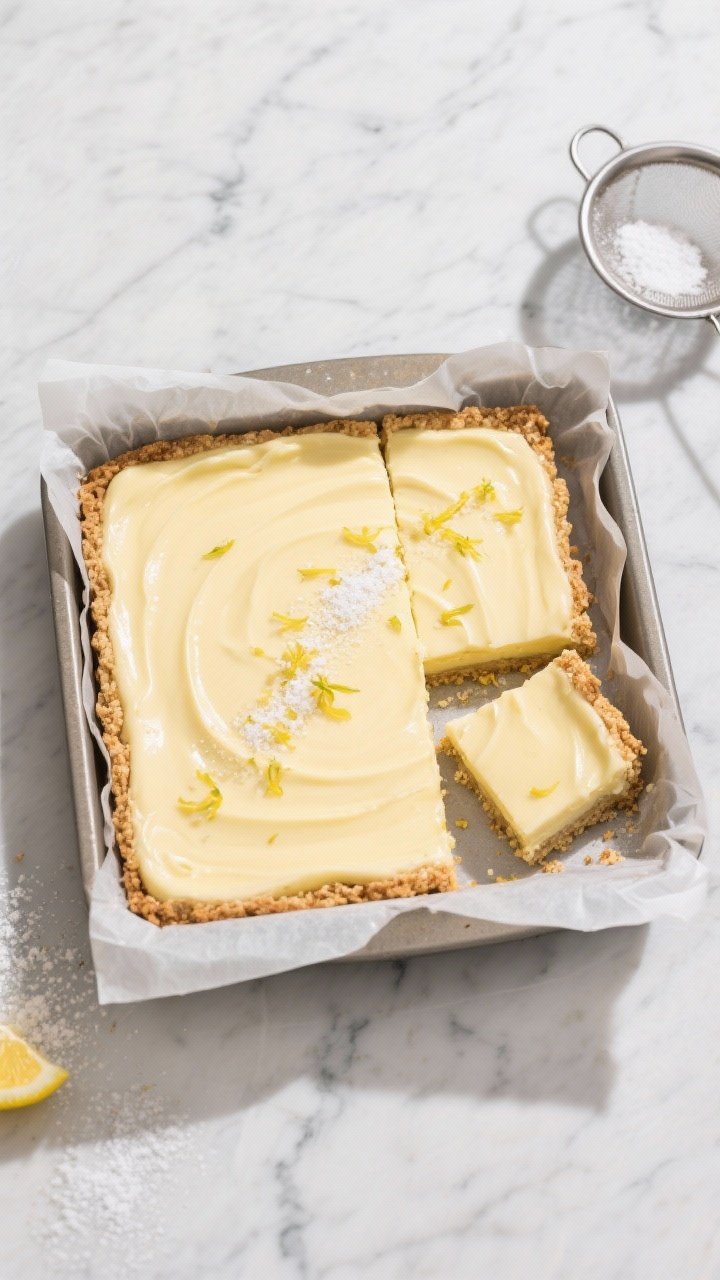 Overhead shot of freshly baked Keto Lemon Cream Bars in an 8x8 slab just lifted from the pan with pa