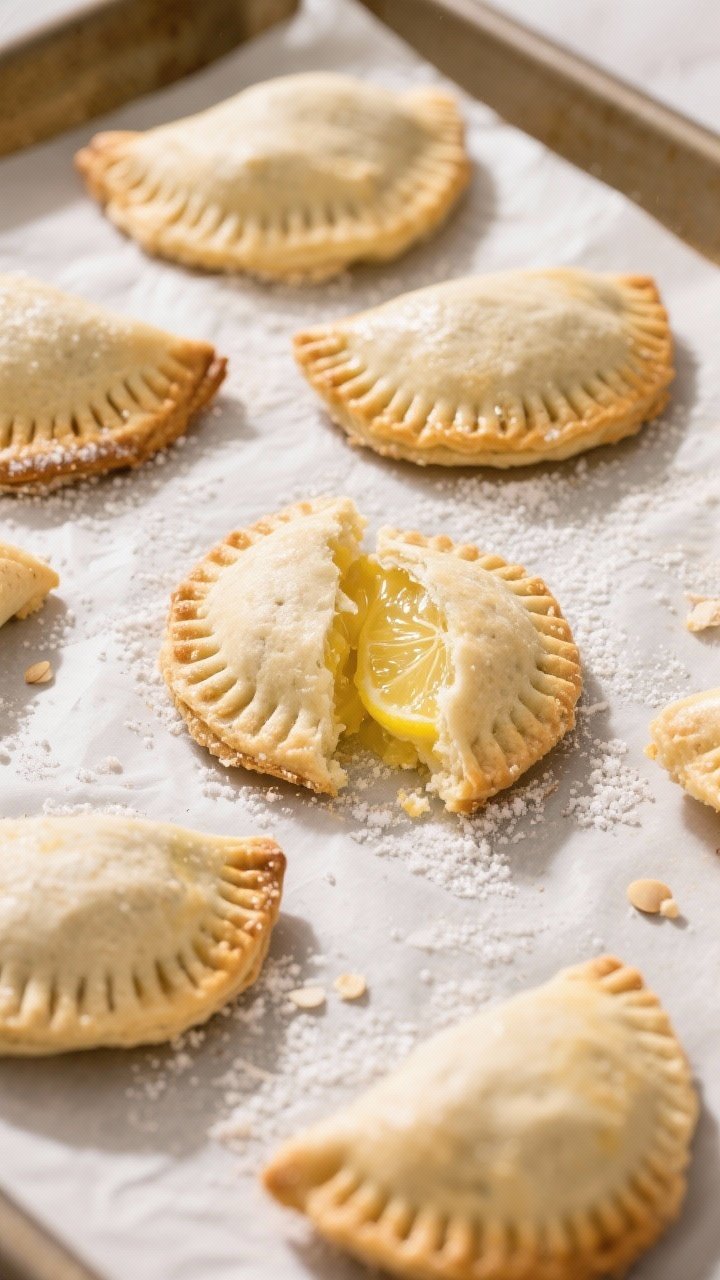 Overhead shot of freshly baked keto lemon hand pies cooling on a parchment-lined baking sheet, golde