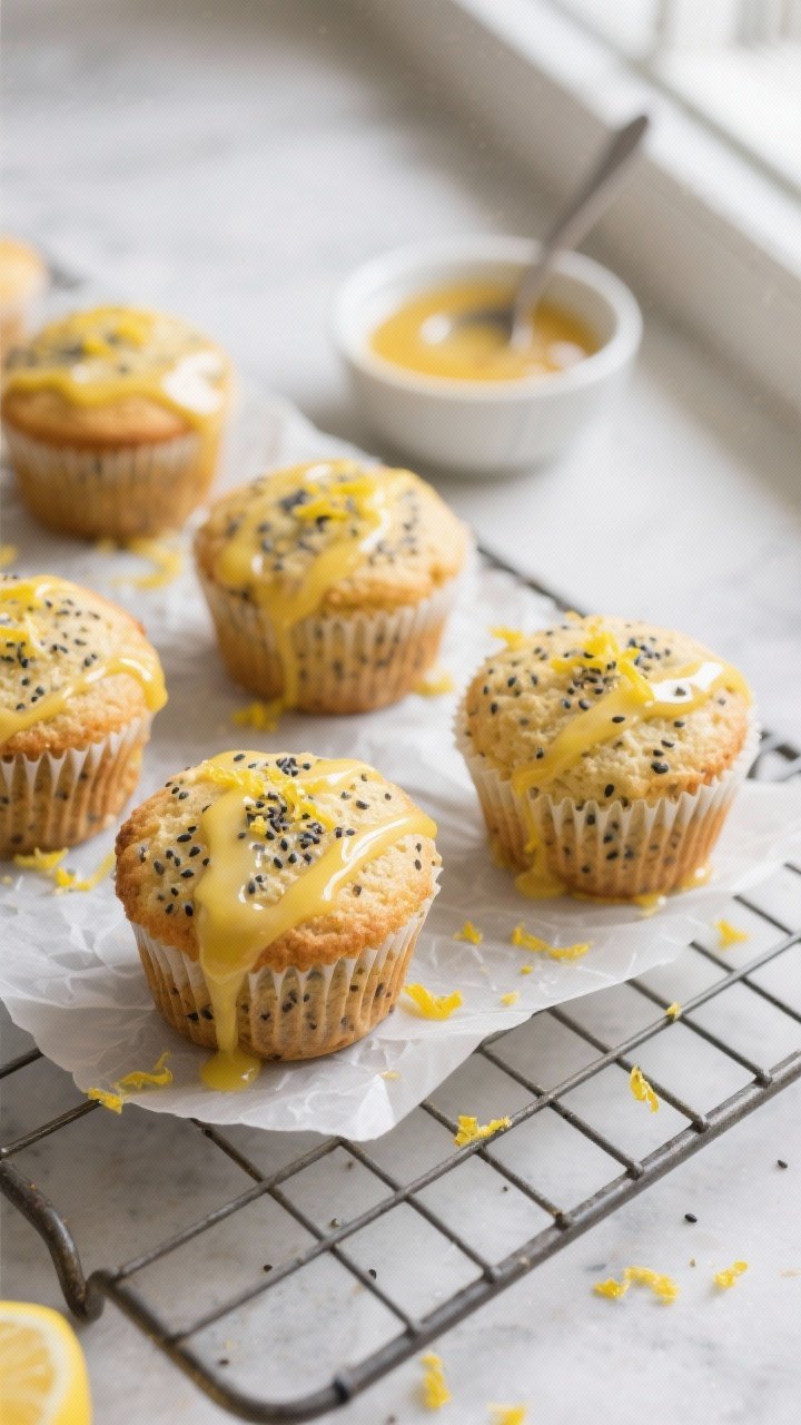 Overhead shot of freshly baked keto lemon poppy seed muffins cooling on a wire rack, lightly golden