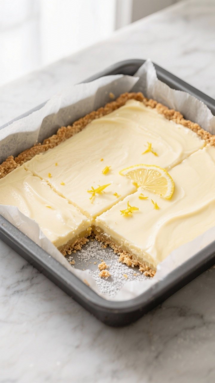 Overhead shot of freshly baked Keto Lemon Vanilla Bars in an 8x8 pan just out of the oven, filling s