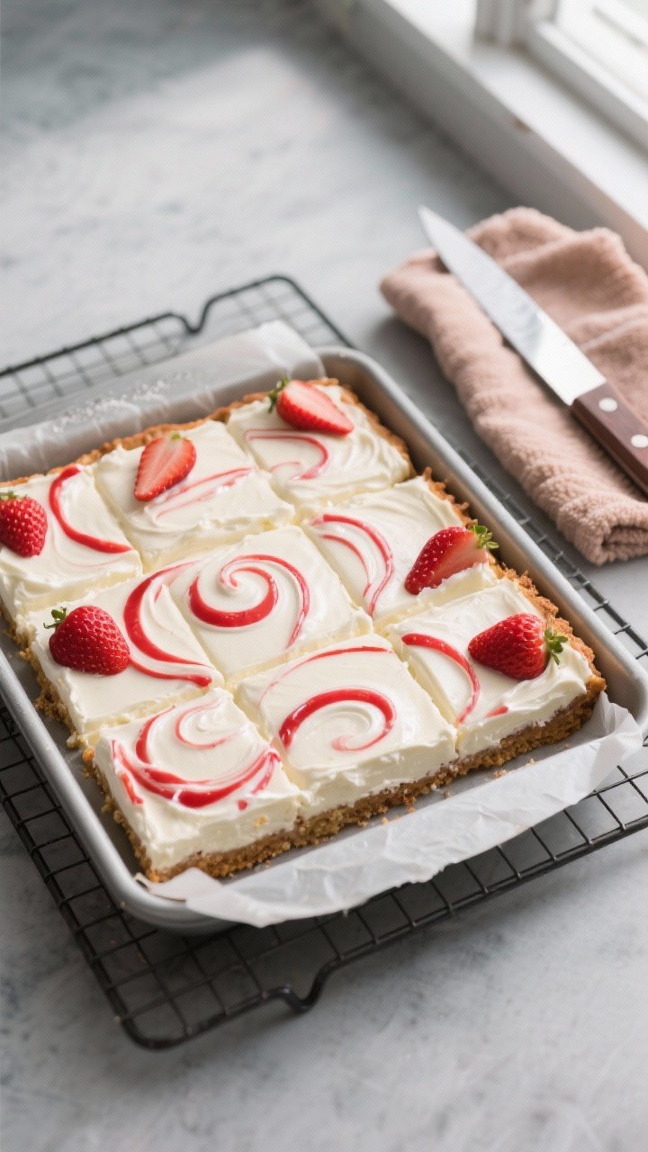 Overhead shot of freshly baked Keto Strawberry Cream Cheese Squares in an 8x8 pan, cooling on a wire