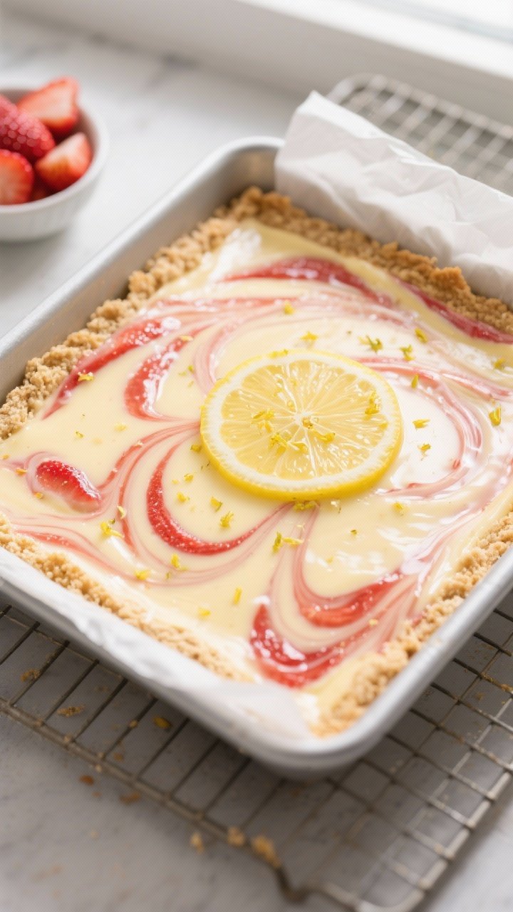 Overhead shot of freshly baked Keto Strawberry Lemon Dessert Bars cooling in an 8x8 pan, showing a g