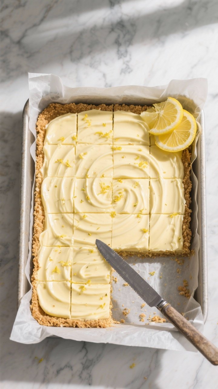 Overhead shot of Keto Lemon Cream Pie Bars being sliced cleanly after an overnight chill: a parchmen