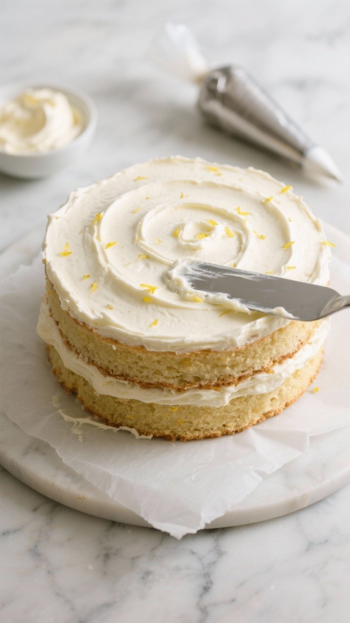 Overhead shot of the assembled Keto Lemon Layer Cake during frosting, showing a clean crumb coat in 