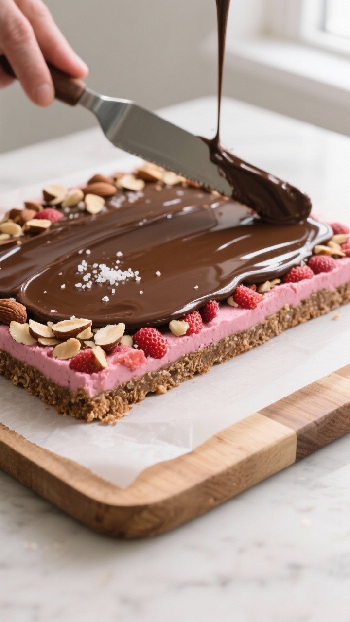 Overhead shot of the chilled slab being coated with a thin, glossy layer of melted sugar-free dark c