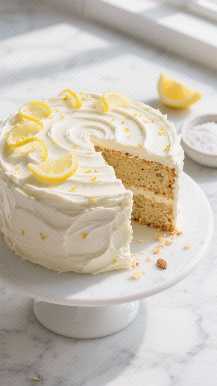 Overhead shot of the fully frosted Keto Lemon Cream Frosting Cake on a white cake stand: smooth, thi