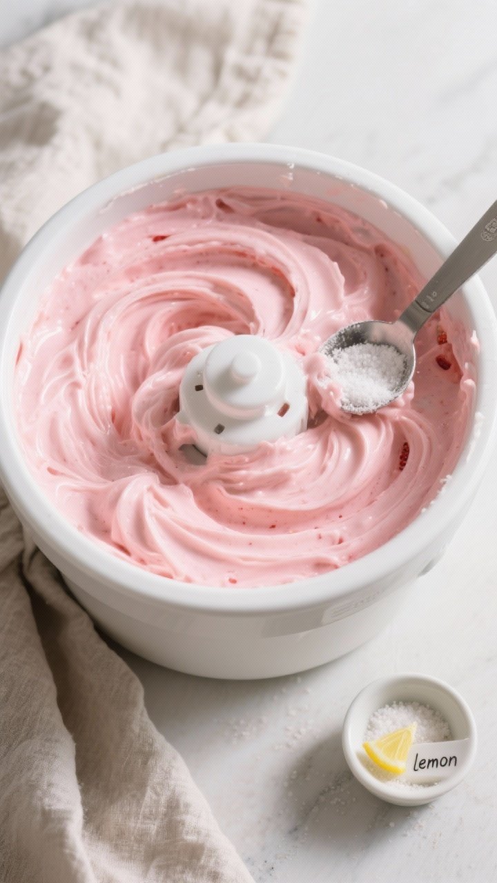 Process action shot: Overhead view of the churn stage—thick, glossy strawberry frozen yogurt swirl