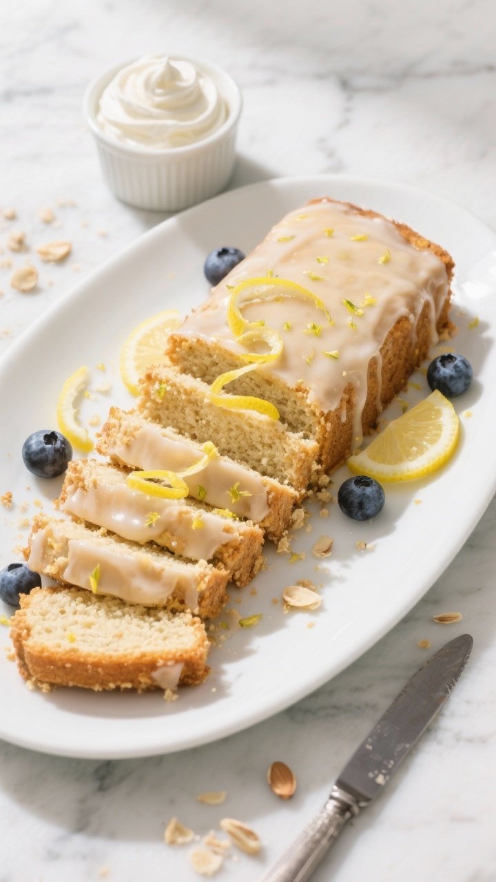 Tasty top-down final presentation: Overhead shot of sliced Keto Lemon Cake with Glaze arranged on a