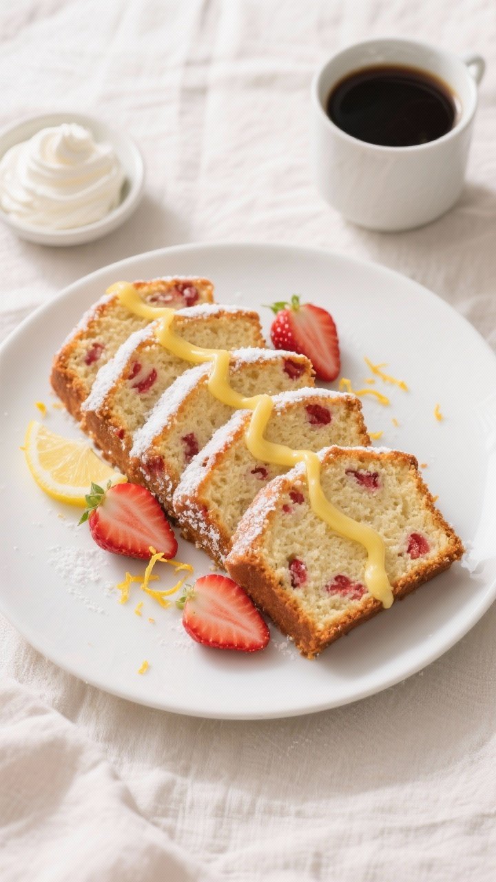 Tasty top view – final presentation: Overhead shot of neatly sliced keto strawberry pound cake arr