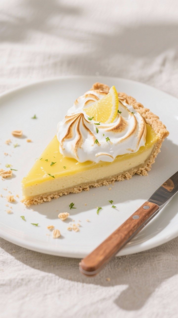 Tasty top view, final presentation: Overhead shot of a chilled slice of Keto Lemon Meringue Pie on a