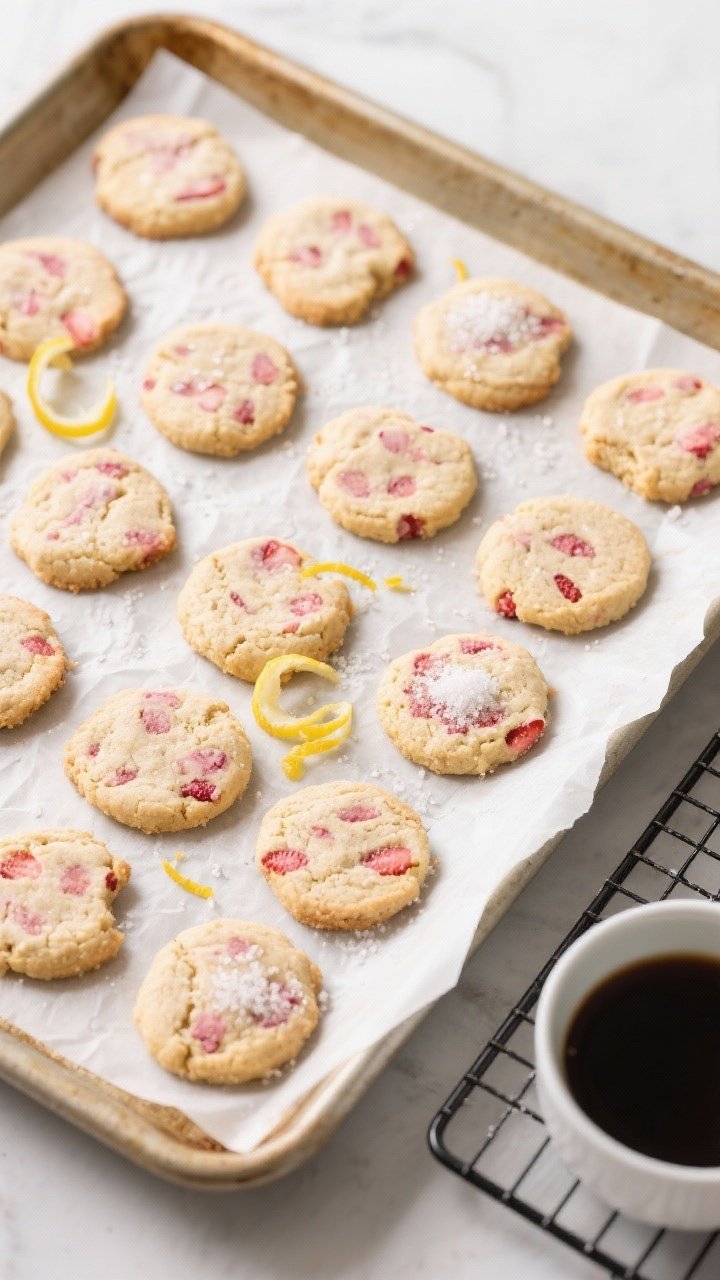 Tasty top view / final presentation: Overhead shot of a parchment-lined baking sheet filled with eve