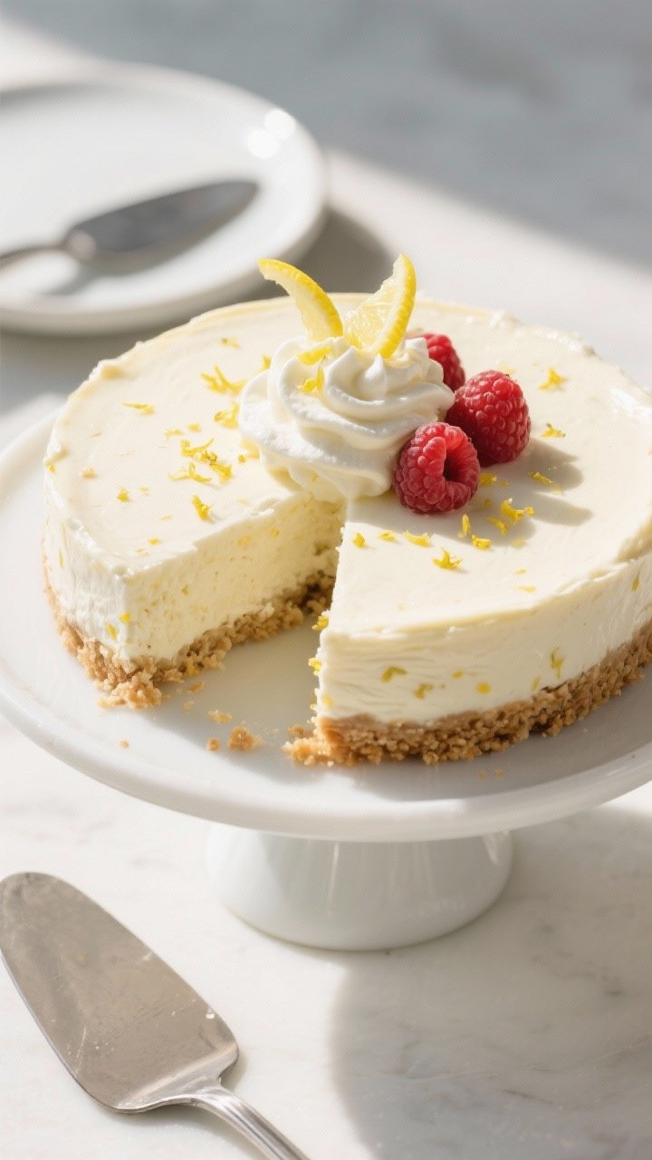 Tasty top view, final presentation: Overhead shot of a chilled, cleanly sliced keto lemon ricotta ch