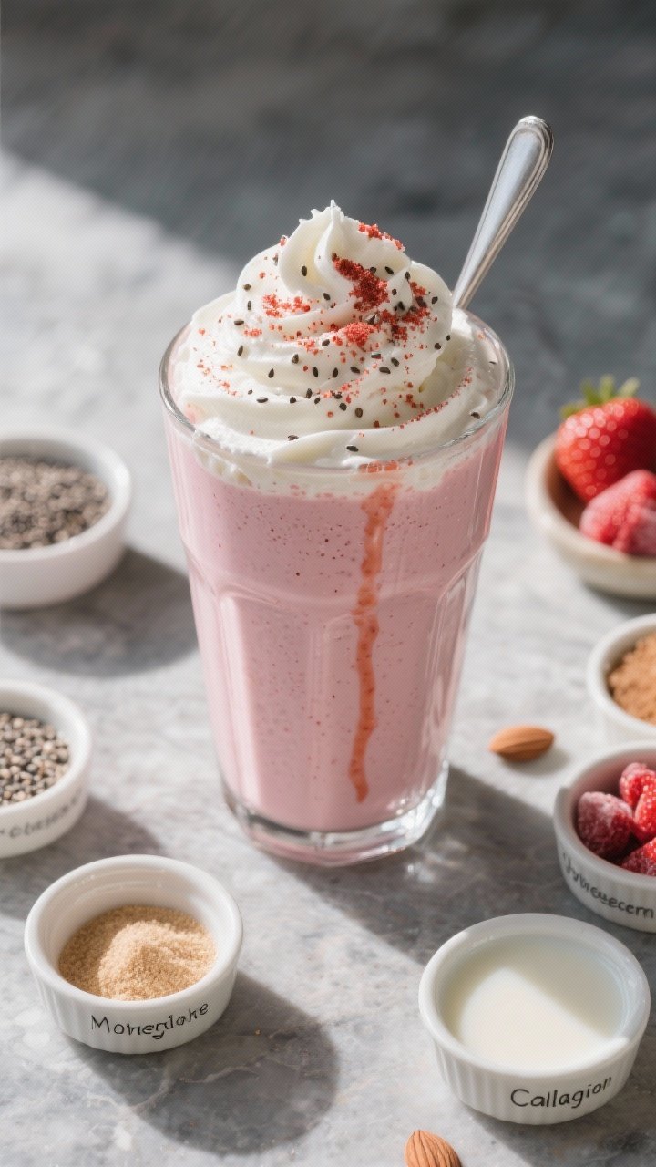 Tasty top view: Overhead shot of the finished keto strawberry “cheesecake” milkshake variation i