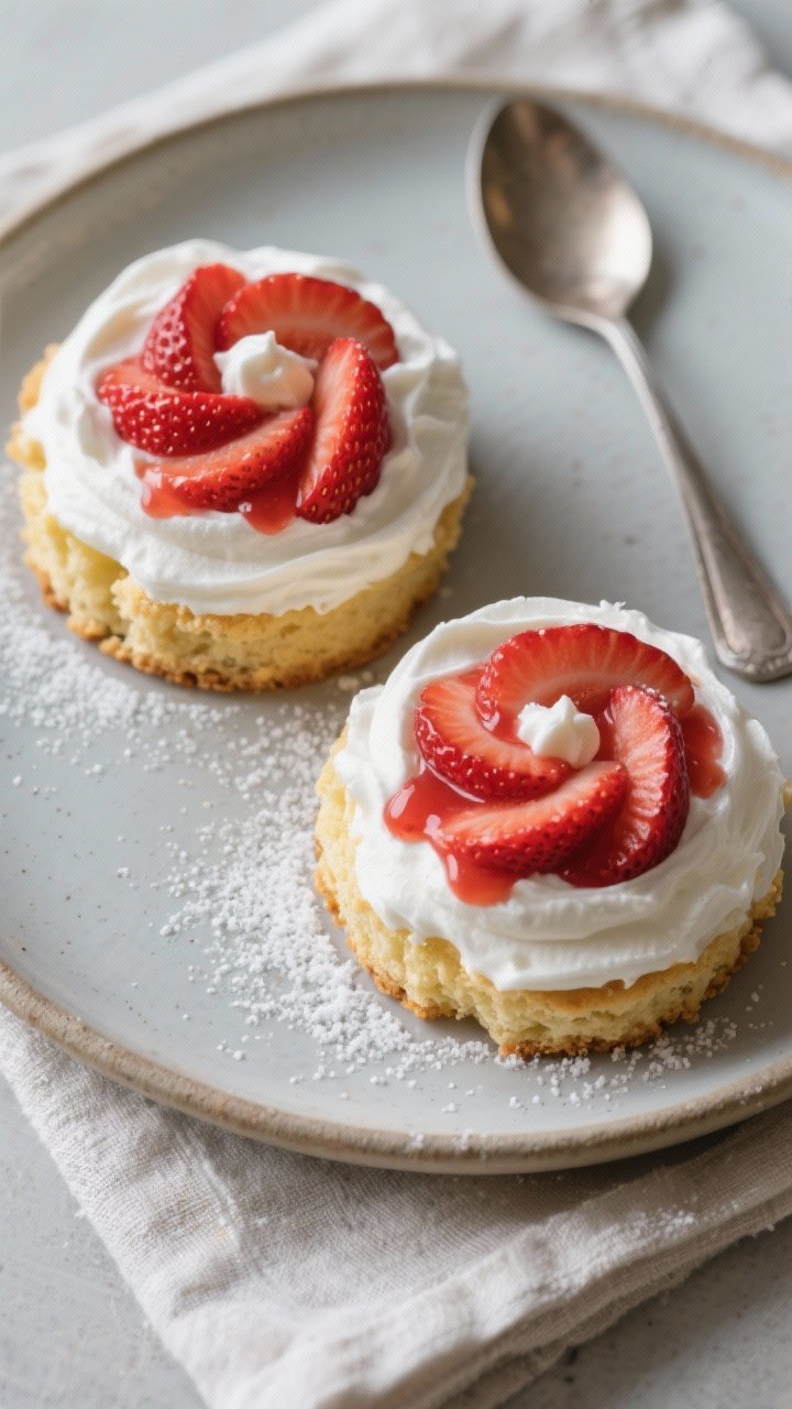 Tasty top view: Overhead shot of two fully assembled Keto Strawberry Shortcake Cups on a matte ceram
