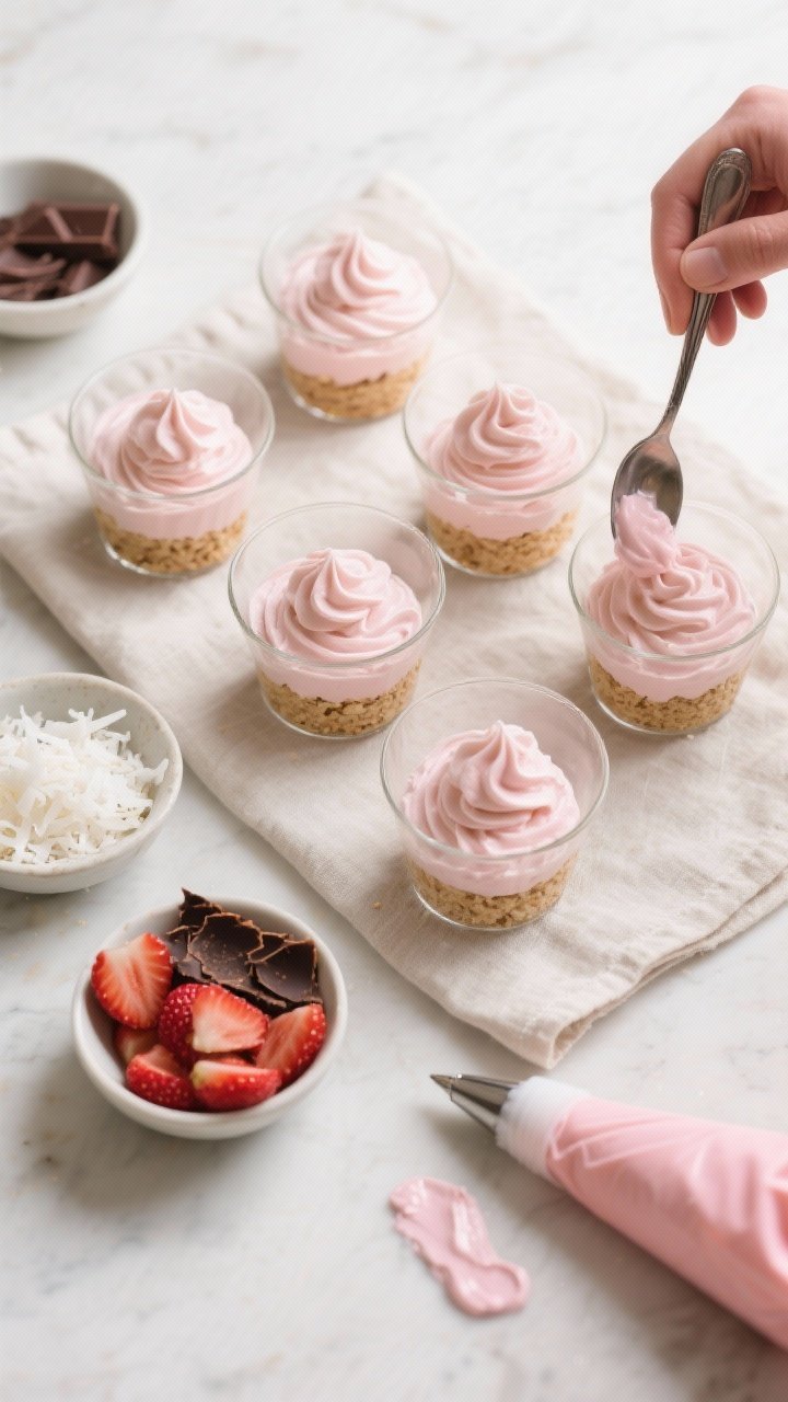 Tasty top-view process shot: Overhead shot of assembly in progress—six small glass dessert cups ar