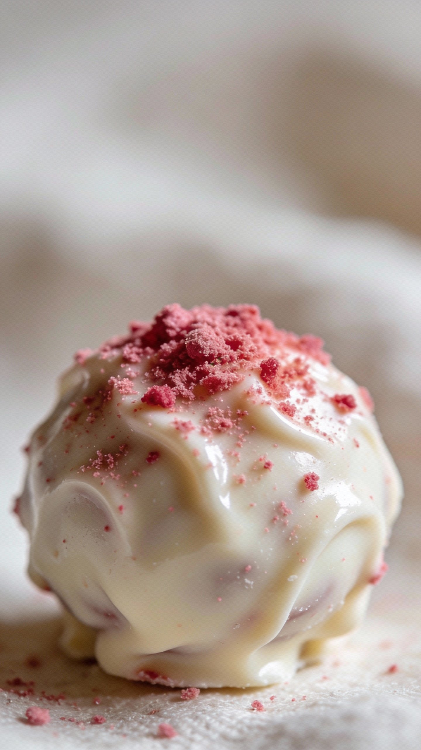 macro shot of white chocolate ganache-coated truffle with raspberry dust