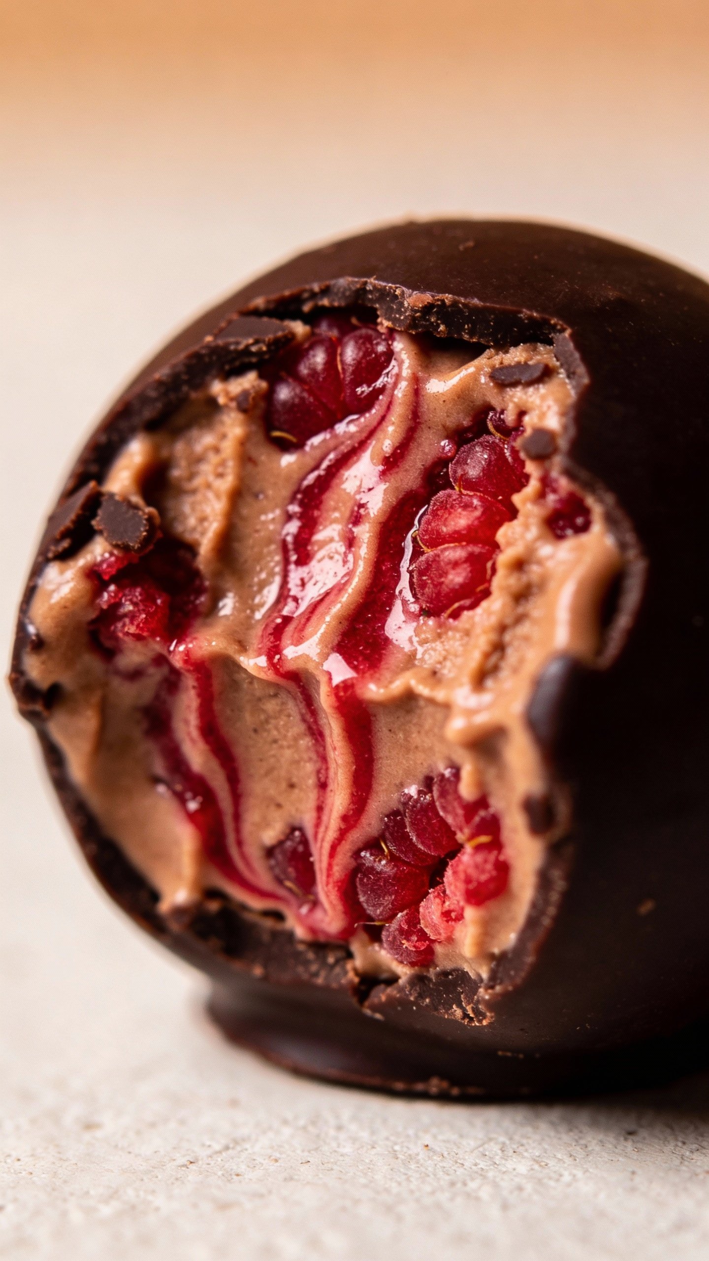 single bitten keto truffle showing raspberry-streaked ganache filling