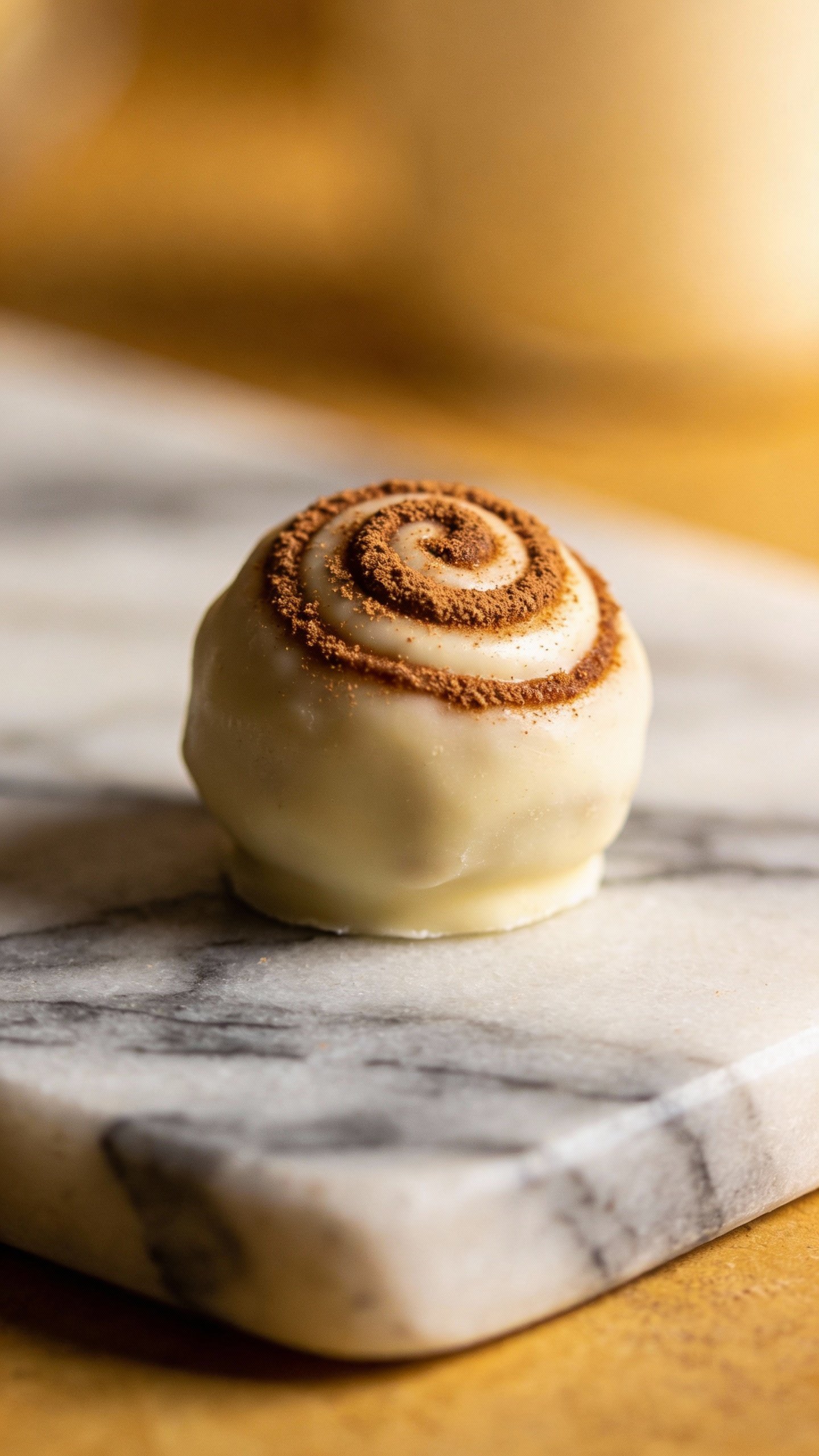 single keto fat bomb with cinnamon swirl on marble slab
