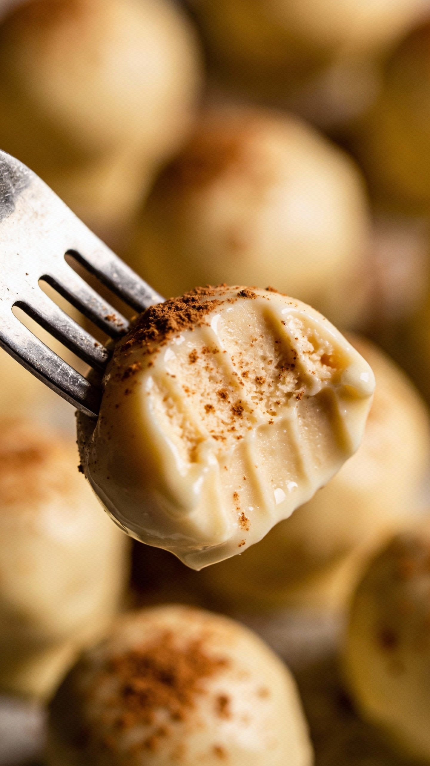 creamy keto cinnamon fat bomb bite on fork, macro shot