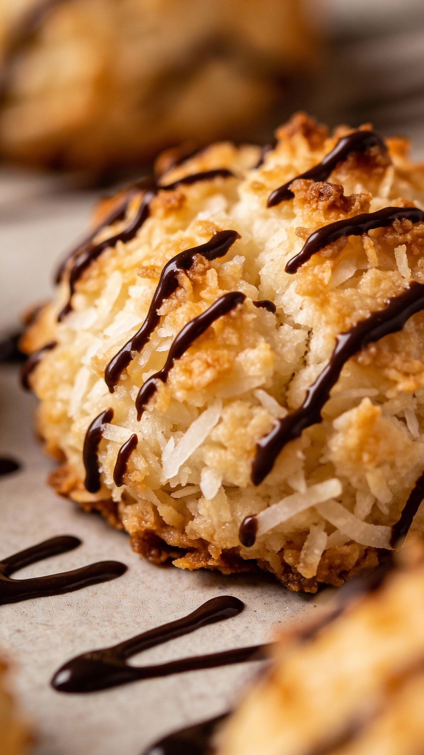 closeup keto coconut macaroon with dark chocolate drizzle