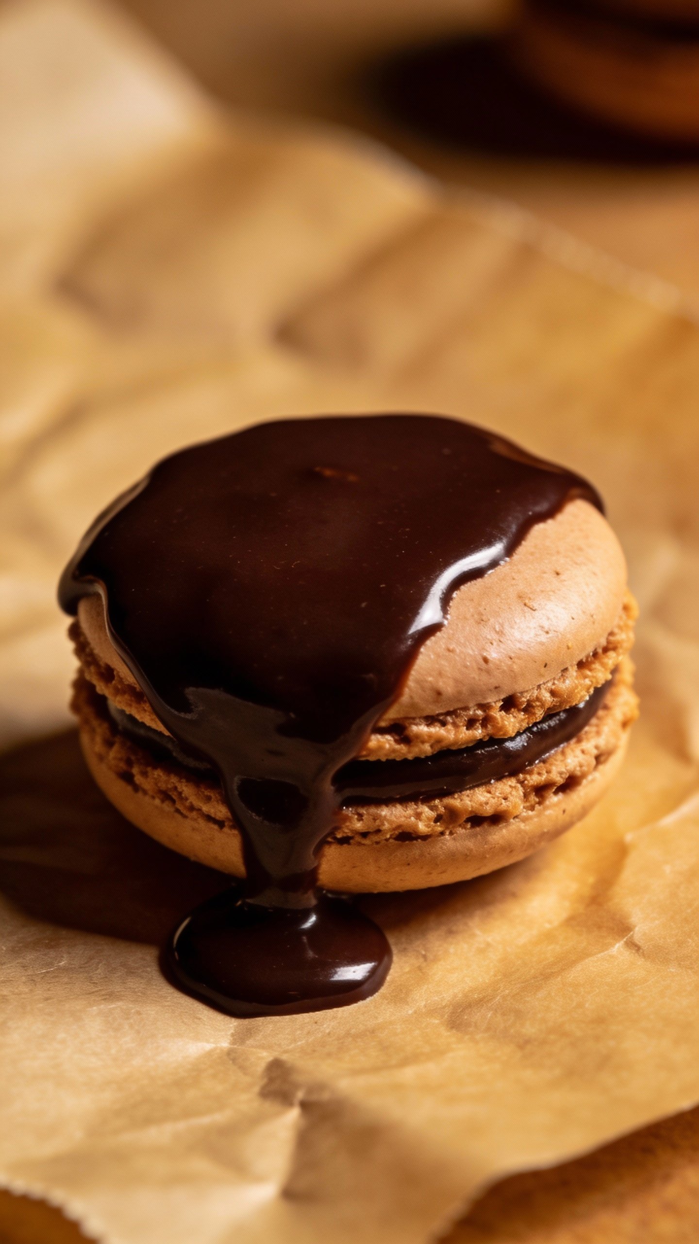 single macaroon on parchment, glossy dark chocolate drip