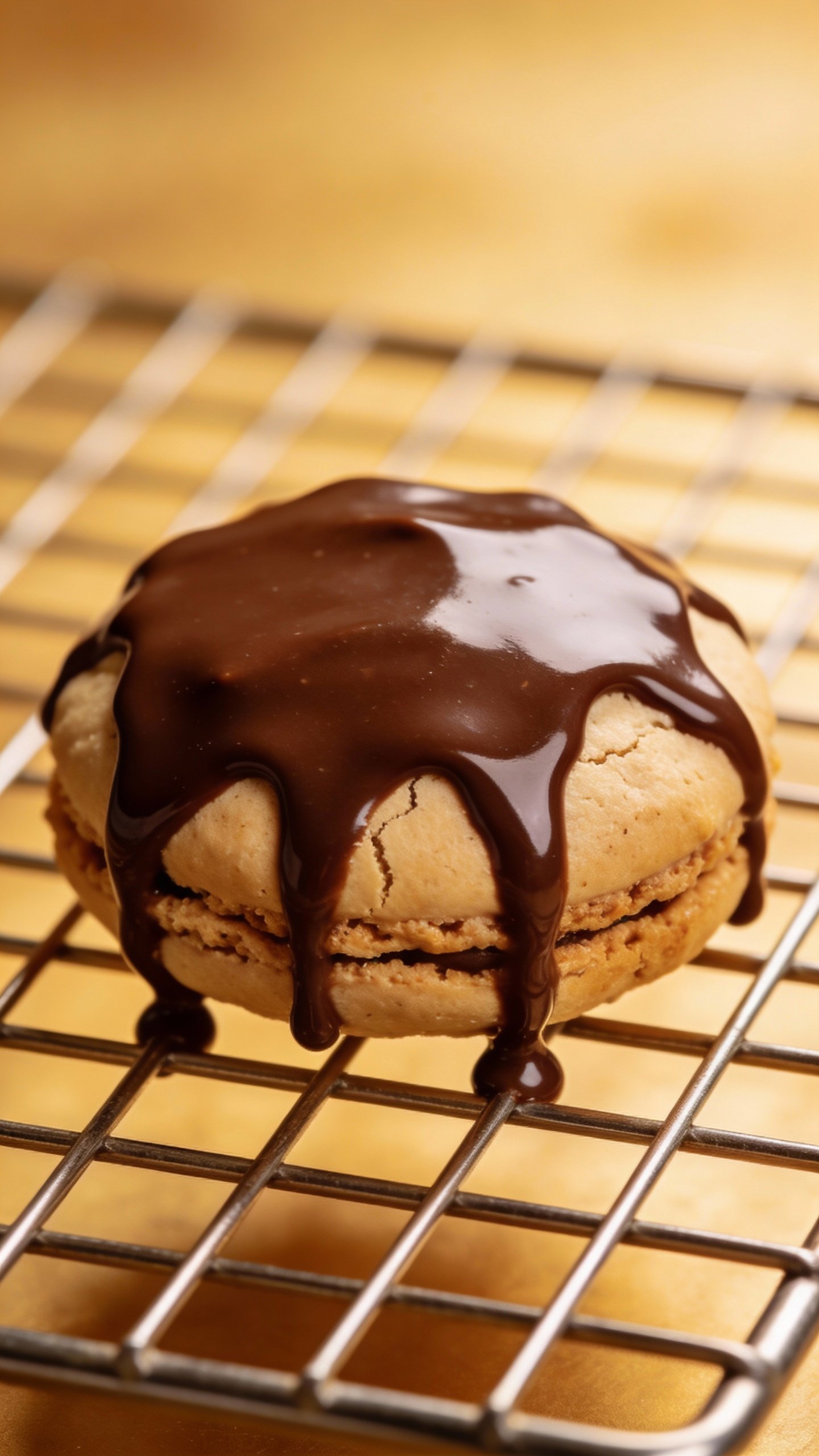 keto macaroon on cooling rack, rich chocolate drizzle detail